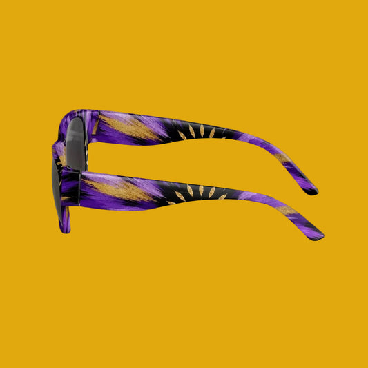 Sunburst designer sunglasses with a bold black and cream patterned frame, UV-protective lenses and retro resortwear styling — Papilio Litora, wear it first.