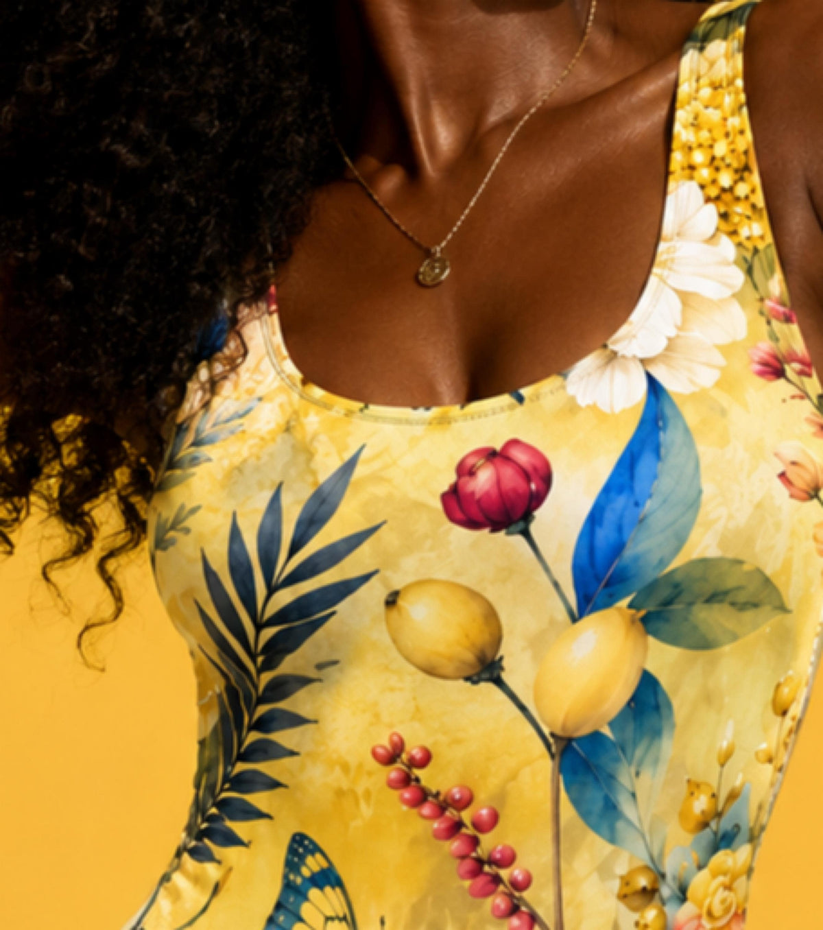 Luxury One Piece Swimsuit for Women, Yellow Butterfly Botanical Print, Mediterranean Resort Wear, Papilio Litora