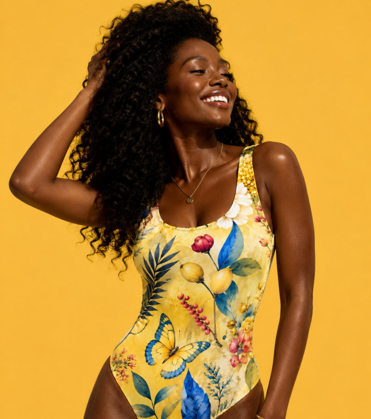 Luxury One Piece Swimsuit for Women, Yellow Butterfly Botanical Print, Mediterranean Resort Wear, Papilio Litora