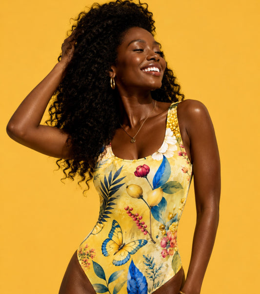 Luxury One Piece Swimsuit for Women, Yellow Butterfly Botanical Print, Mediterranean Resort Wear, Papilio Litora