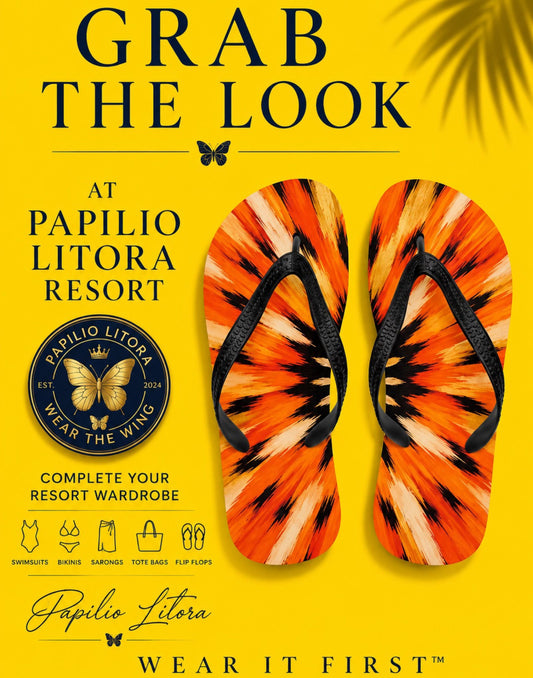 Luxury Women’s Flip Flops | Sundown Resort Sandals | Wear It First™ Grab the Look | Matching Bikini, Sarong & Tote | Papilio 