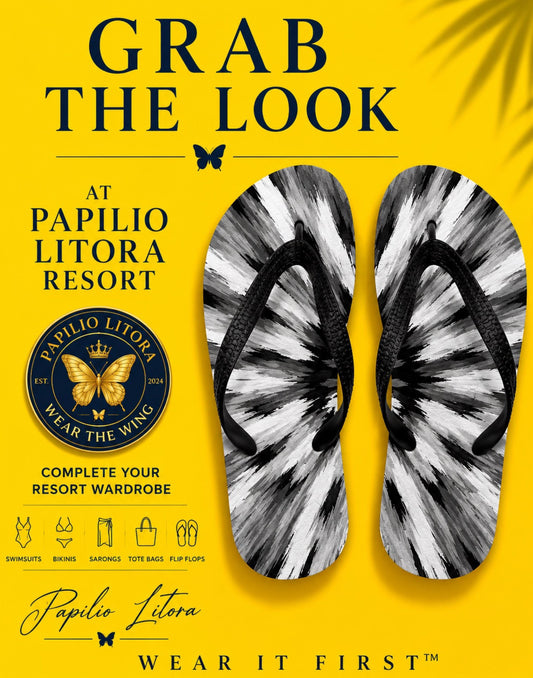 Luxury Women’s Flip Flops | Black & White Sunburst Resort Sandals | Wear It First™ | Grab the Look | Papilio Litora