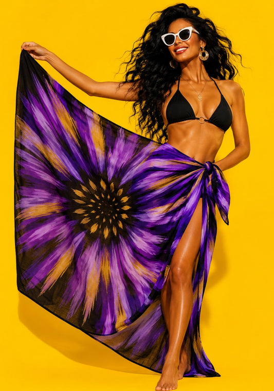 Purple Beach Sarong, Luxury Resort Cover Up, Floral Sunburst Swim Wrap, Matching Bikini & Tote, Papilio Litora, Grab the Look