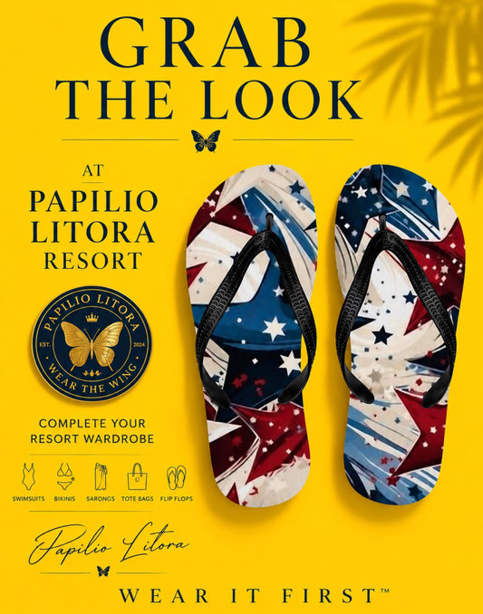 Luxury Women’s Flip Flops | Stars & Stripes Resort Sandals | Wear It First™ | Grab the Look | Papilio Litora