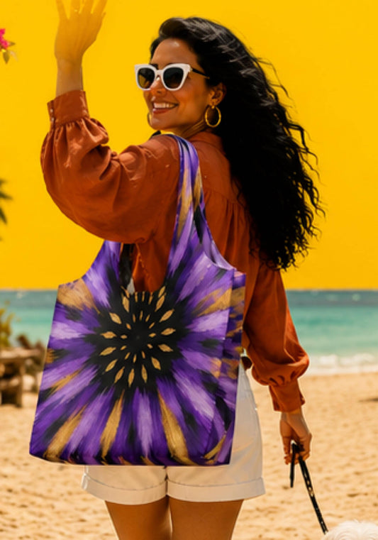 Large Canvas Tote Bag, Purple Sunburst Beach Tote, Luxury Resort Shoulder Bag, Designer Travel Shopper, Grab the Look, Papili
