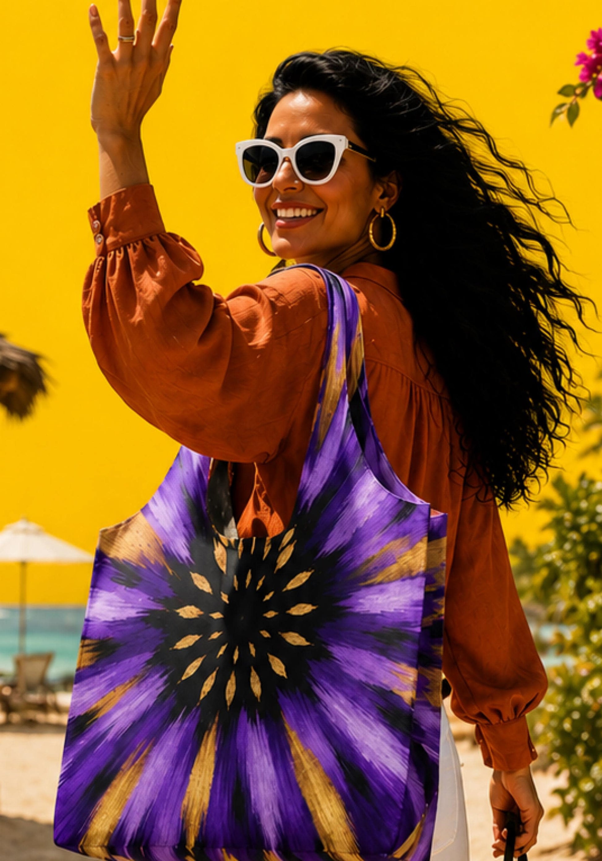 Large Canvas Tote Bag, Purple Sunburst Beach Tote, Luxury Resort Shoulder Bag, Designer Travel Shopper, Grab the Look, Papili